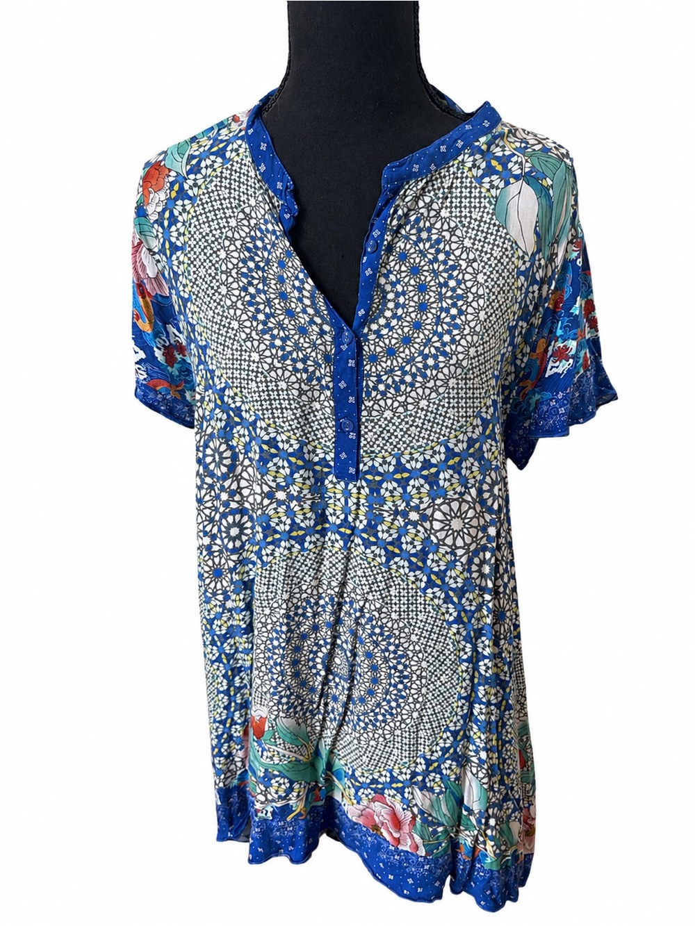 Johnny Was Blue Floral Geometric Rayon Tunic Top Size L